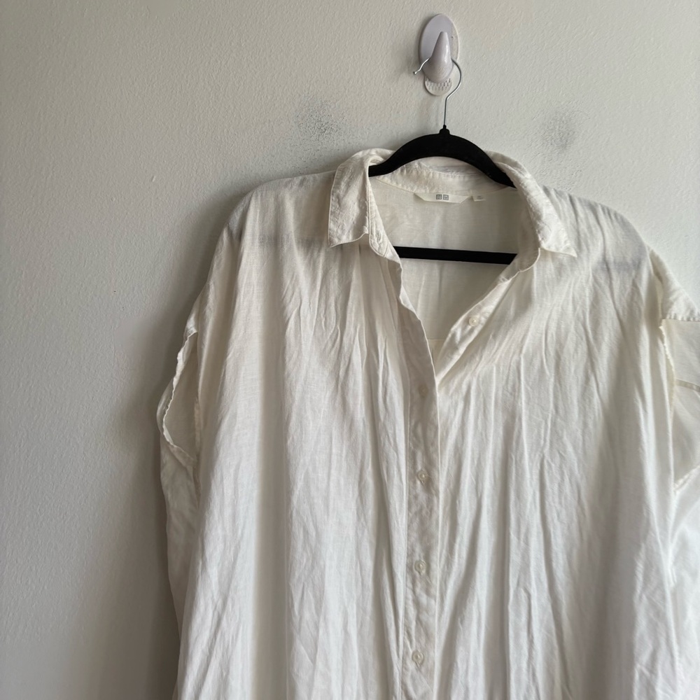 Uniqlo Sz XS Relaxed Oversized Linen Blend White Button Front Shirt Midi Dress - Picture 3 of 12